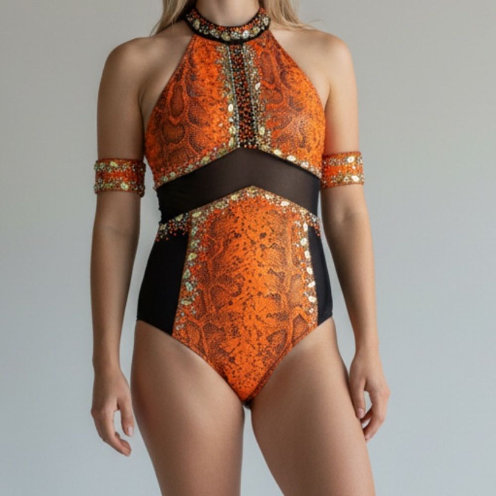 Glamour solo dance costume orange animal print illusion LA-Large adult